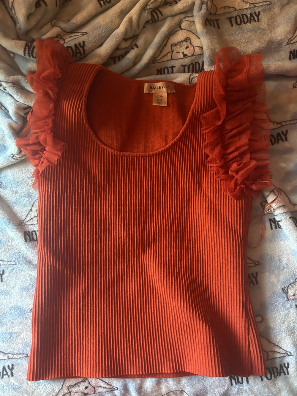 Bailey 44 Ribbed Tank with Ruffled Organza Sleeves in Rust